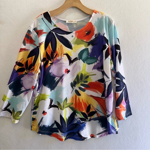 Jess & Jane Tropical Round Hem Colorful Watercolor Tunic Top Made in the USA XL - Picture 1 of 4